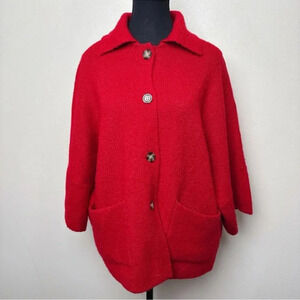 Tahari  Womens Medium Button Collar Red Wool Oversized Cardigan